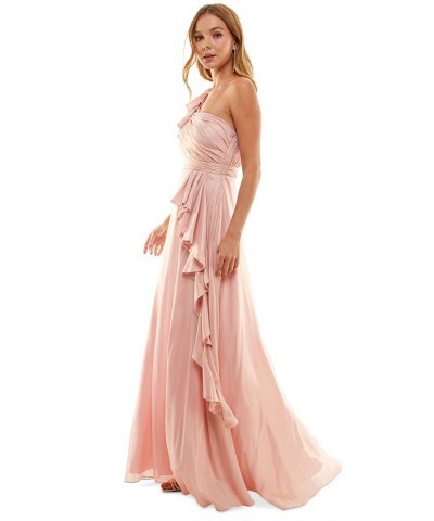 Juniors' Asymmetric Pleated Ruffled Gown Blush/gold $52.39 Dresses