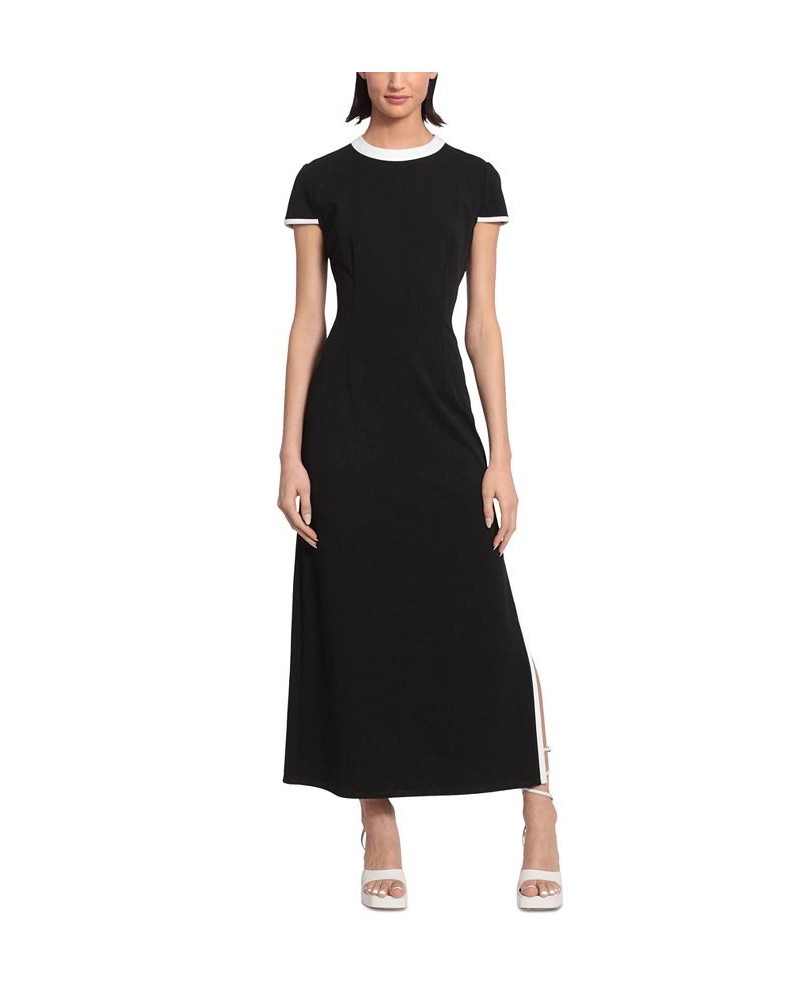 Women's Piping Trim Cap Sleeve Midi Dress Black $64.86 Dresses