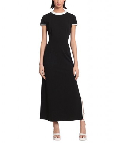 Women's Piping Trim Cap Sleeve Midi Dress Black $64.86 Dresses