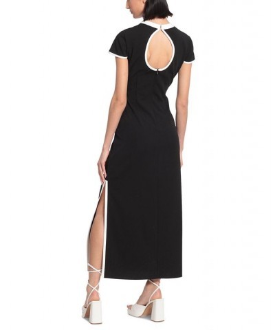 Women's Piping Trim Cap Sleeve Midi Dress Black $64.86 Dresses