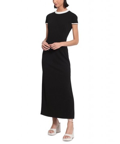 Women's Piping Trim Cap Sleeve Midi Dress Black $64.86 Dresses