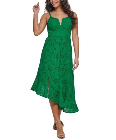 Women's Cotton Eyelet Asymmetric Midi Dress Green $67.62 Dresses