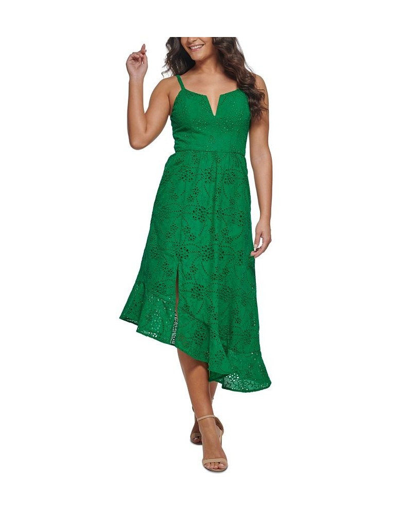 Women's Cotton Eyelet Asymmetric Midi Dress Green $67.62 Dresses