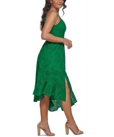 Women's Cotton Eyelet Asymmetric Midi Dress Green $67.62 Dresses