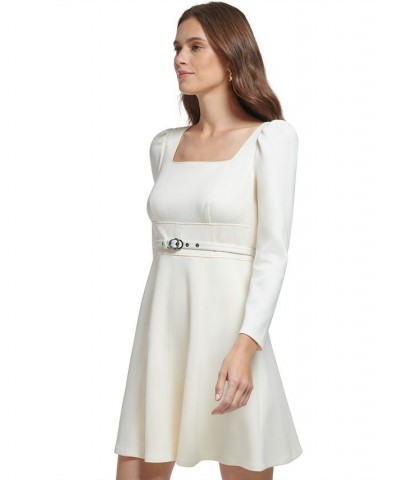 Petite Square-Neck Long-Sleeve Belted Dress Butter Cream $41.57 Dresses