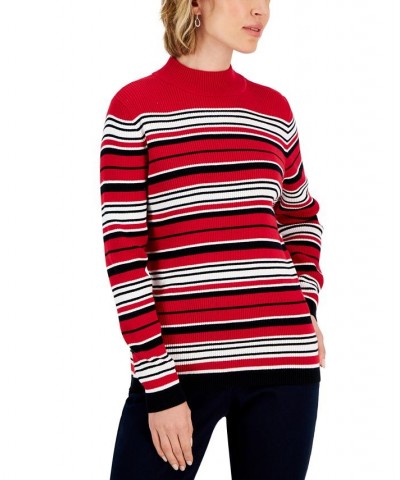 Women's Striped Cotton Mock Neck Sweater Red $12.84 Sweaters