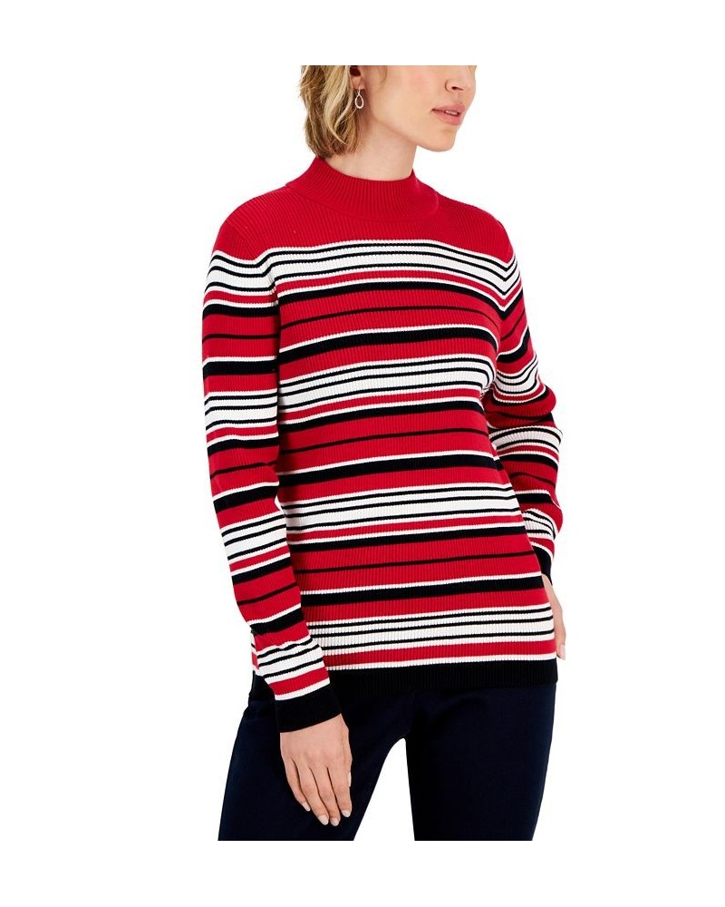 Women's Striped Cotton Mock Neck Sweater Red $12.84 Sweaters