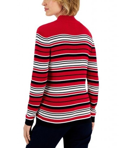 Women's Striped Cotton Mock Neck Sweater Red $12.84 Sweaters