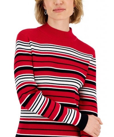 Women's Striped Cotton Mock Neck Sweater Red $12.84 Sweaters