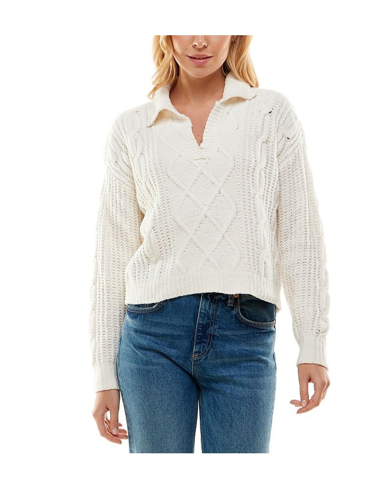 Juniors' Cable-Knit Polo-Collar Chenille Sweater White $13.02 Sweaters
