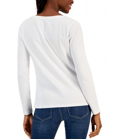 Women's Cotton Long-Sleeve V-Neck T-Shirt Bright White $12.50 Tops