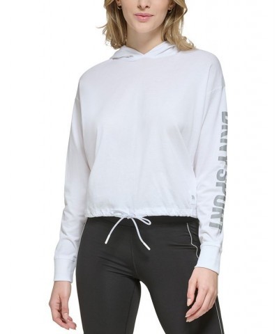 Women's Performance Cotton Reflective-Logo Drawstring-Hem Pullover Hoodie Black $14.25 Tops