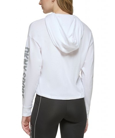 Women's Performance Cotton Reflective-Logo Drawstring-Hem Pullover Hoodie Black $14.25 Tops