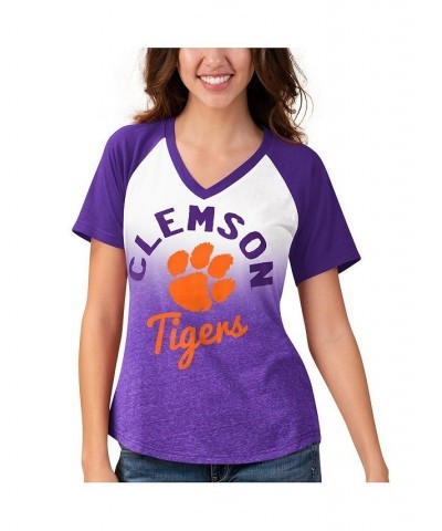 Women's White Purple Clemson Tigers Shortstop Ombre Raglan Tri-Blend V-Neck T-shirt White, Purple $28.04 Tops