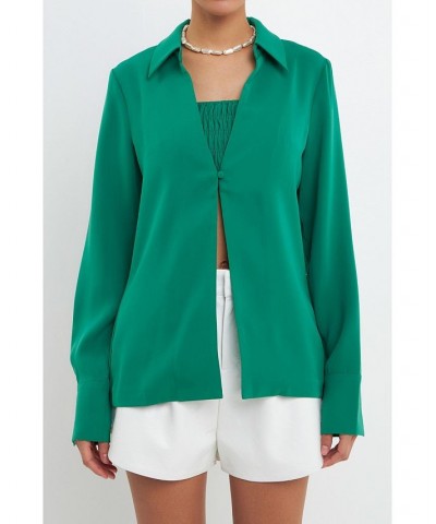 Women's Collared Open Suit and Smocked Bandeau Set Green $48.00 Tops