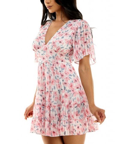 Juniors' Floral-Print Short-Sleeve A-Line Dress Off-white/Pink/Silver $30.09 Dresses