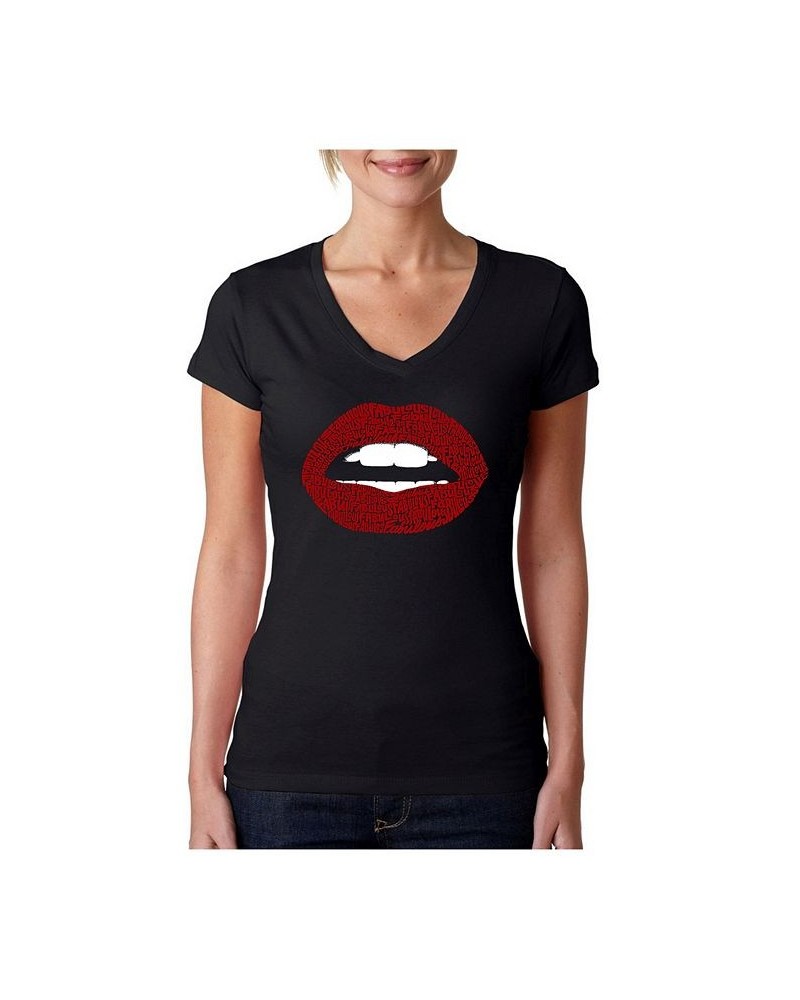 Women's V-Neck T-Shirt with Fabulous Lips Word Art Black $18.19 Tops