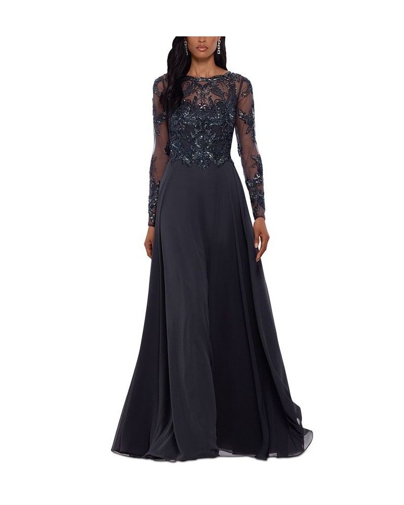 Women's Sequin Embellished Long Sleeve Chiffon Gown Gray $135.96 Dresses