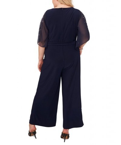 Plus Size Beaded-Sleeve Cowlneck Jumpsuit Navy $51.43 Pants