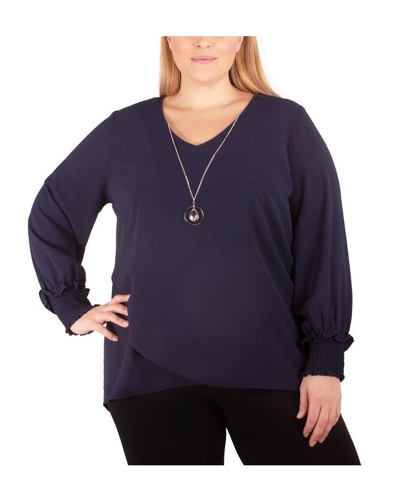 Plus Size Long Sleeve Overlapping Crepe Top with Necklace Blue $14.60 Tops