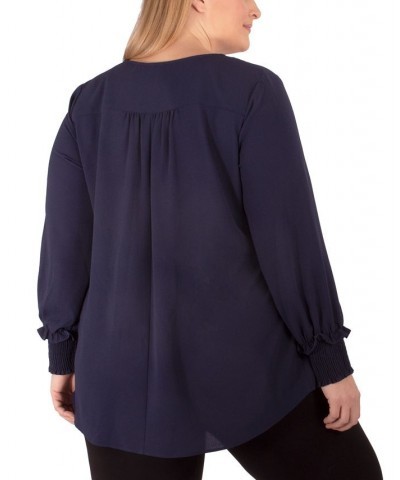 Plus Size Long Sleeve Overlapping Crepe Top with Necklace Blue $14.60 Tops