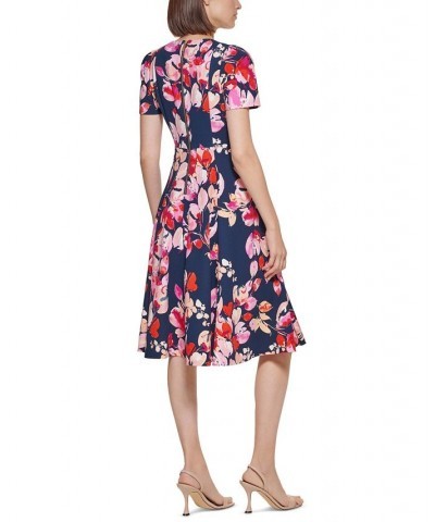 Petite Printed Scuba Crepe Short-Sleeve Dress Indigo Multi $64.80 Dresses